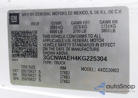 2019 Chevrolet Silverado 1500 Work Truck из США, поврежденный, VIN 3GCNWAEH4KG225304